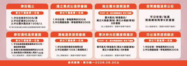店家給的折扣相當多元，歡迎民眾把握泡湯旺季前來泰安體驗。圖/苗栗縣泰安鄉溫泉區觀光發展協會