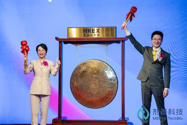 劑泰科技聯合創始人、CEO賴才達博士 (右)、聯合創始人陳紅敏院士 (左) 慶祝公司成功上市